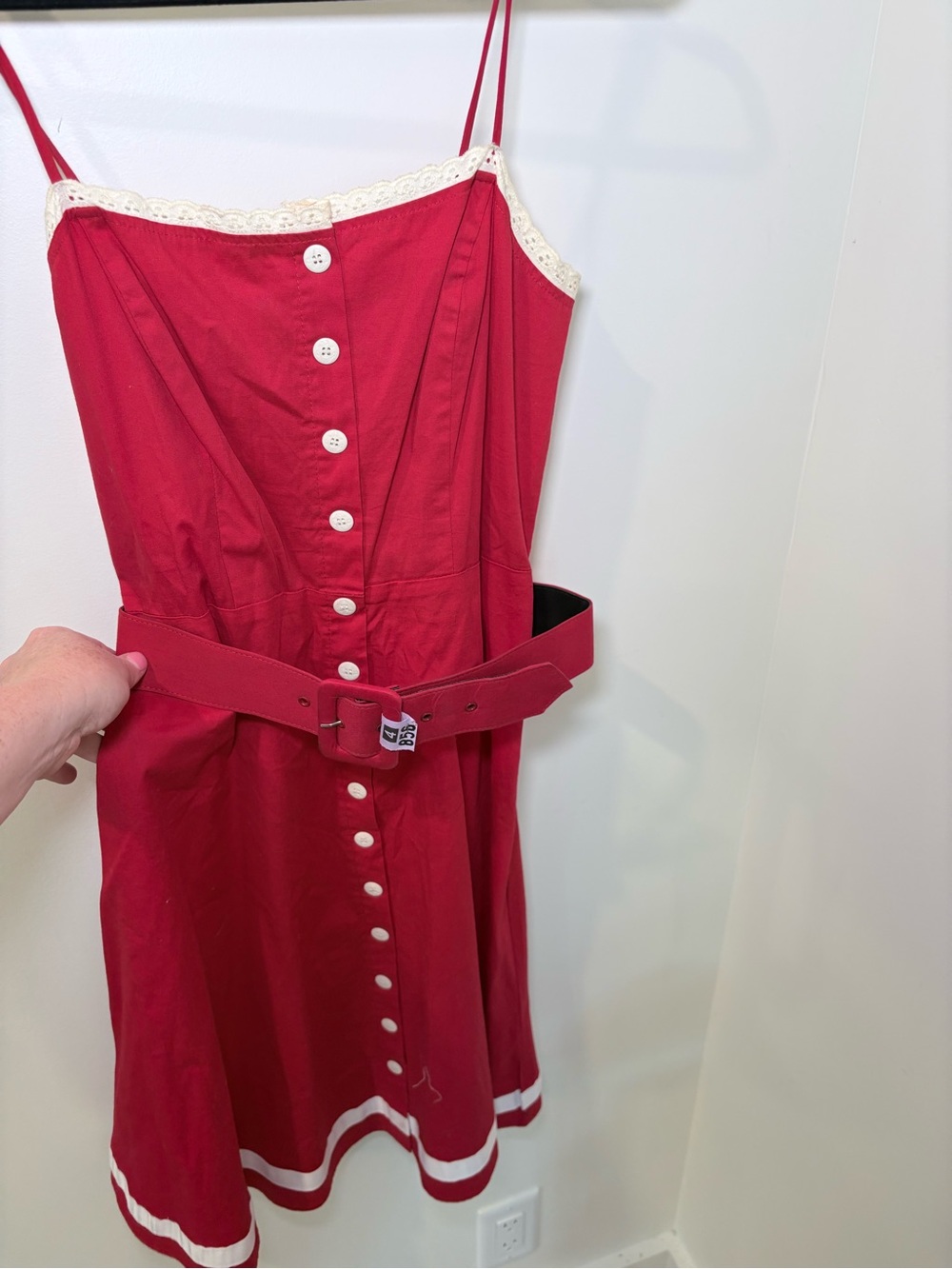 Ruby Rox Pink Belted Button Front Sundress Lace Trim Midi Dress Size 7